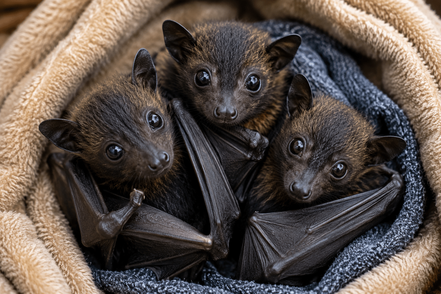 Baby bats cuddling